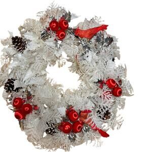 Vintage White Plastic Christmas Wreath Red Birds Red Satin Balls Pine Cones 18”